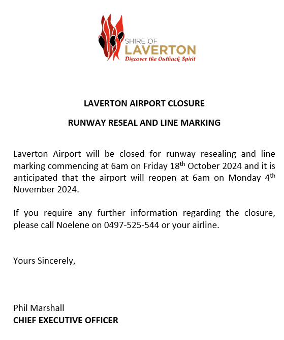 Laverton Airport Closure - Friday 18th October to Monday 4th November 2024