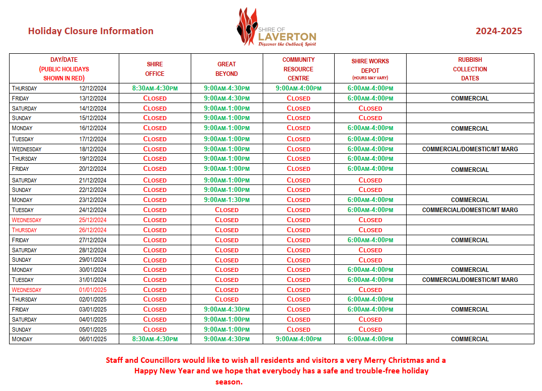 Holiday Closure Information 2024-2025